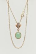 A YELLOW METAL GEMSET NECKLACE, an oval cabochon jade stone, collet set in yellow metal, leading
