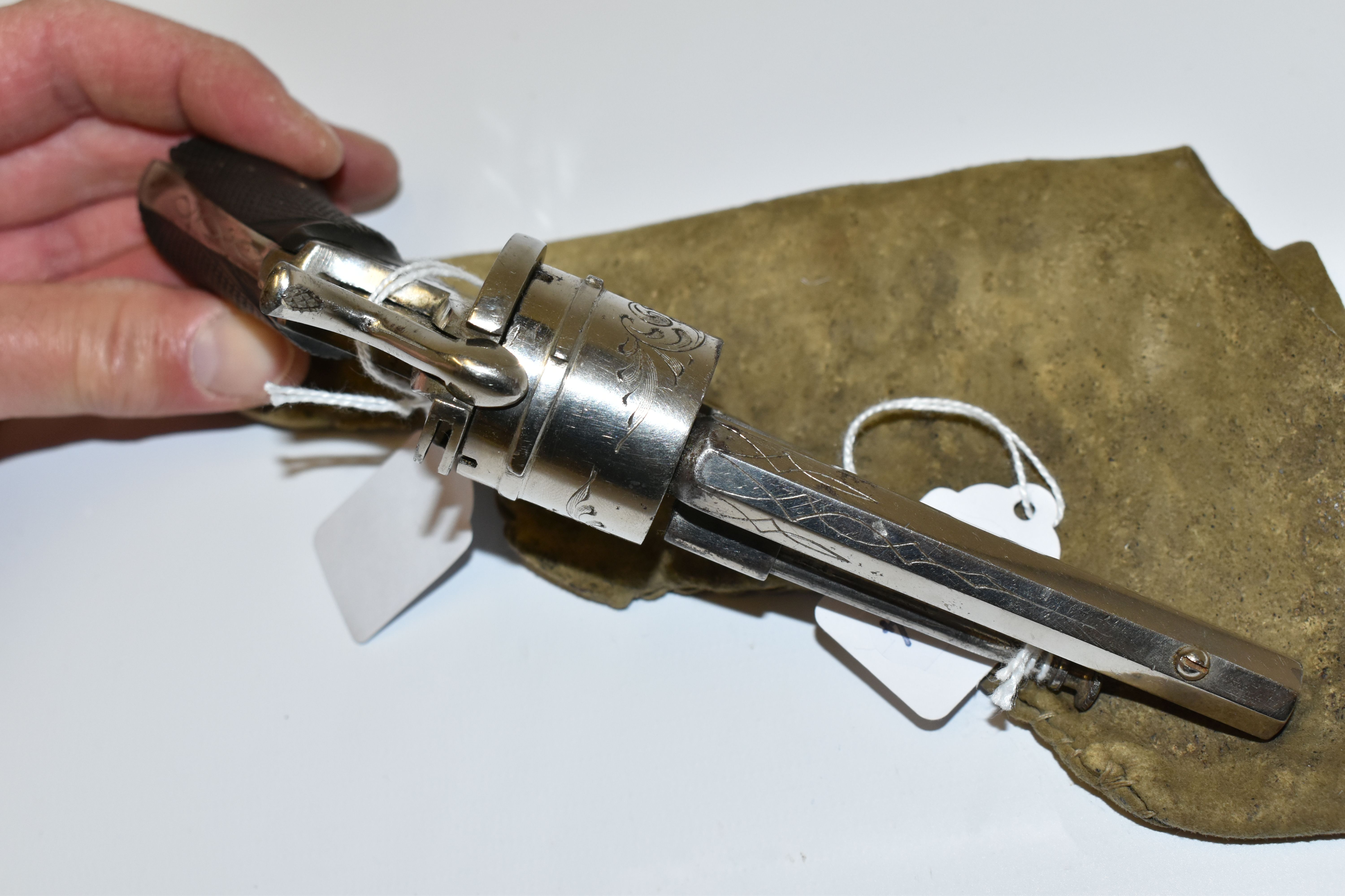 AN ANTIQUE NICKEL PLATED 7MM PINFIRE REVOLVER, bearing Belgian proof marks fitted with a 3 6/8'' - Image 8 of 8