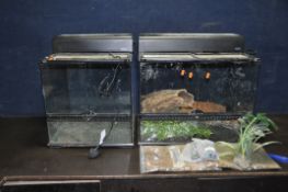 TWO EXO-TERRA GLASS TERRARIUMS with two doors to the front of each, both with heat lamp assemblies