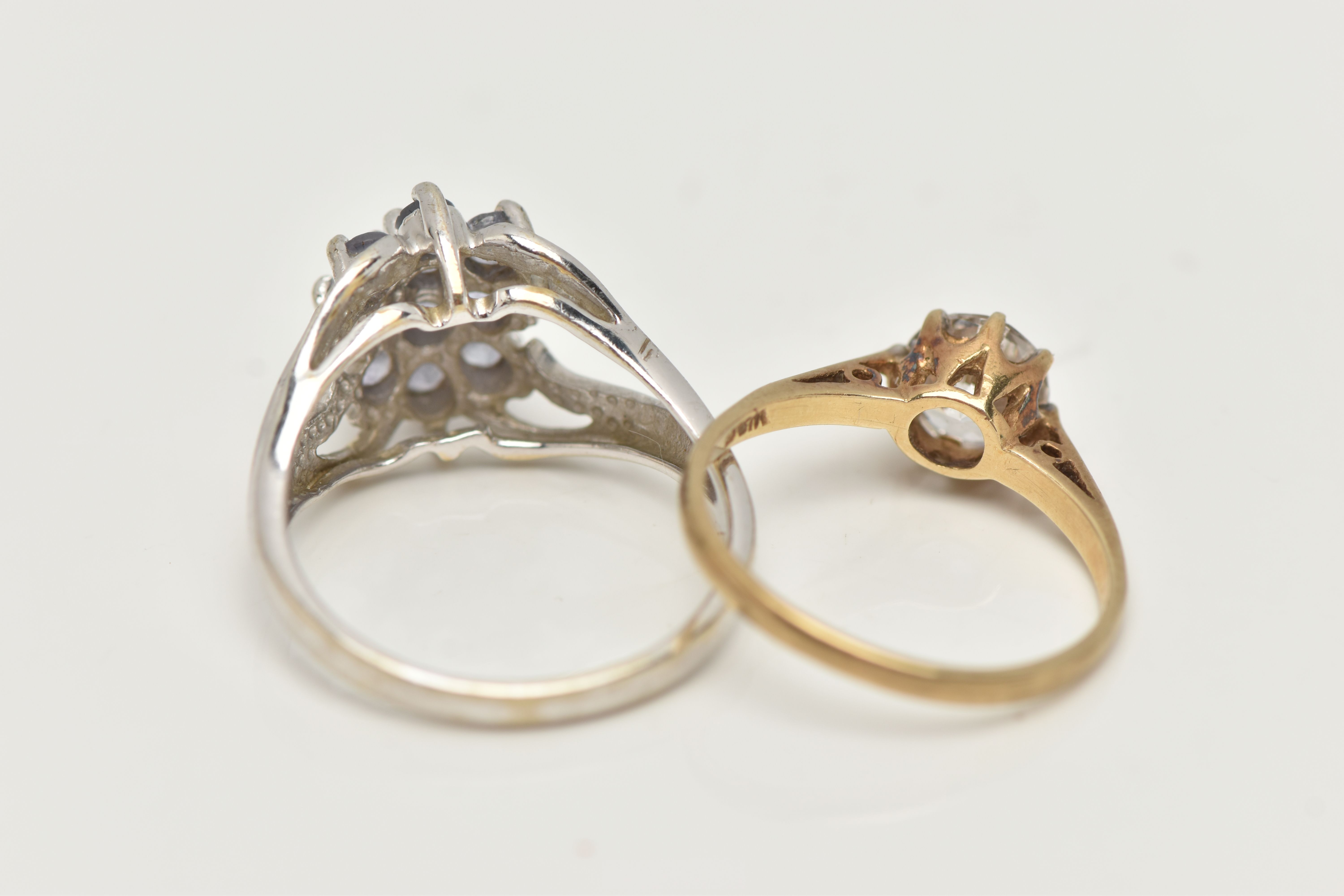 TWO GEMSET RINGS, the first a cluster ring leading on to open work shoulders, hallmarked 9ct - Image 4 of 4