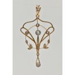 AN EARLY 20TH CENTURY LAVALIER PENDANT, seed pearls and aquamarine set in an open work art nouveau