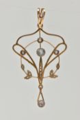 AN EARLY 20TH CENTURY LAVALIER PENDANT, seed pearls and aquamarine set in an open work art nouveau