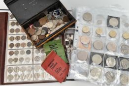 TWO COIN ALBUMS AND TIN OF MAINLY UK COINAGE, to include approximate over one kilo of mixed Silver
