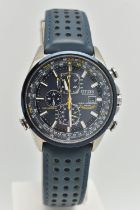 A GENTS 'CITIZEN ECO-DRIVE' CHRONOGRAPH WRISTWATCH, blue dial signed 'Citizen Eco-Drive, Radio