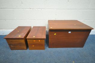 A TEAK RECTANGULAR HINGED STORAGE BOX, width 64cm x depth 44cm x height 41cm, along with a pair of