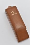 AN 'OMEGA' WATCH BOX, brown leather hinged box signed 'Omega', button clasp, with cushion interior