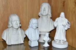 THREE VICTORIAN PARIAN BUSTS OF REV. JOHN WESLEY, A SMALL WHITE GLAZED BUST OF THE SAME AND A BISQUE
