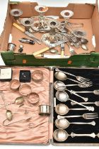 A BOX OF ASSORTED SILVER AND WHITE METAL WARE, to include a single napkin ring hallmarked