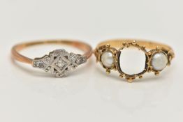 TWO RINGS, the first a yellow metal three stone diamond ring, set with three single cut diamonds,