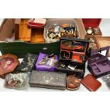 A BOX OF ASSORTED ITEMS, to include an early 20th century garnet brooch with a vacant glass panel to
