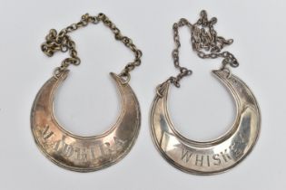 TWO GEORGIAN SILVER DECANTER LABELS, crescent shaped labels, one for Whiskey and one for Madeira,