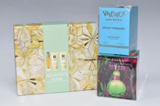 BOXED PERFUMES AND A CLINIQUE GIFT SET, comprising a sealed Versace Pour Femme 'Dylan Turquoise' Eau