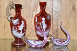 A SMALL COLLECTION OF GLASS WARES, comprising a Mary Gregory cranberry and clear glass jug,