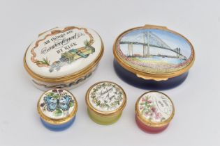 FIVE 'HALYCYON DAYS' TRINKET BOXES, two oval boxes and three small circular pill boxes two signed to