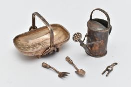 MINIATURE SILVER ITEMS, to include a garden basket hallmarked 'Richard M Whitehouse' London, with