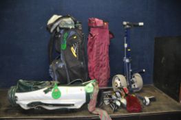 THREE GOLF BAGS, A TROLLEY AND NINE CLUBS makers include Slazenger, Donnay, Benross, Mizuna etc