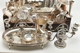 A BOX OF WHITE METAL AND SILVER PLATE WARE, to include a 'Viners' four piece tea set comprising of a