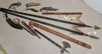 A BOX AND LOOSE OF REPLICA SWORDS, DAGGERS, PISTOL , SPEARS AND A DIGERIDOO, to include two