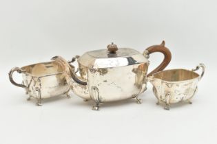 A SILVER 'MAPPIN & WEBB' THREE PIECE TEA SET, comprising of a teapot, sugar bowl and milk jug,