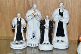 FOUR 19TH CENTURY STAFFORDSHIRE POTTERY FIGURES OF REVEREND JOHN WESLEY, STANDING, all four modelled