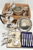 A GROUP OF SILVER AND SILVER PLATE, including three silver teaspoons, a salt spoon and a caddy