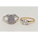 TWO GEMSET RINGS, the first a cluster ring leading on to open work shoulders, hallmarked 9ct