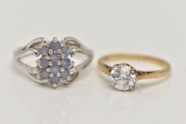 TWO GEMSET RINGS, the first a cluster ring leading on to open work shoulders, hallmarked 9ct