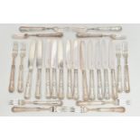 A SET OF TWELVE GEORGE VI SILVER KINGS PATTERN DESSERT KNIVES AND FORKS, silver handles, blades