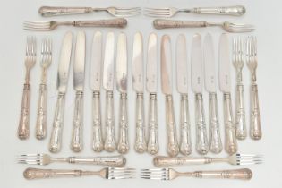 A SET OF TWELVE GEORGE VI SILVER KINGS PATTERN DESSERT KNIVES AND FORKS, silver handles, blades