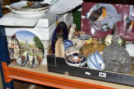 TWO BOXES AND LOOSE CERAMICS AND GLASS ETC, to include six Wedgwood 'Baby Owls' collectors plates,