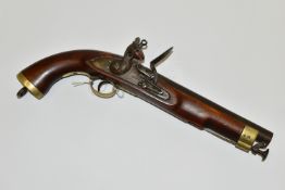 A FLINTLOCK SINGLE BARREL 17 BORE MILITARY DESIGN HOLSTER PISTOL, fitted with a 9'' barrel bearing