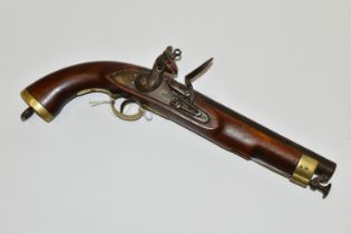 A FLINTLOCK SINGLE BARREL 17 BORE MILITARY DESIGN HOLSTER PISTOL, fitted with a 9'' barrel bearing
