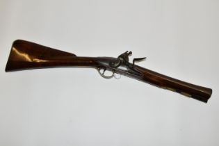 AN ANTIQUE FLINTLOCK BLUNDERBUSS, fitted with a 30'' steel flared muzzle barrel, the lock bears