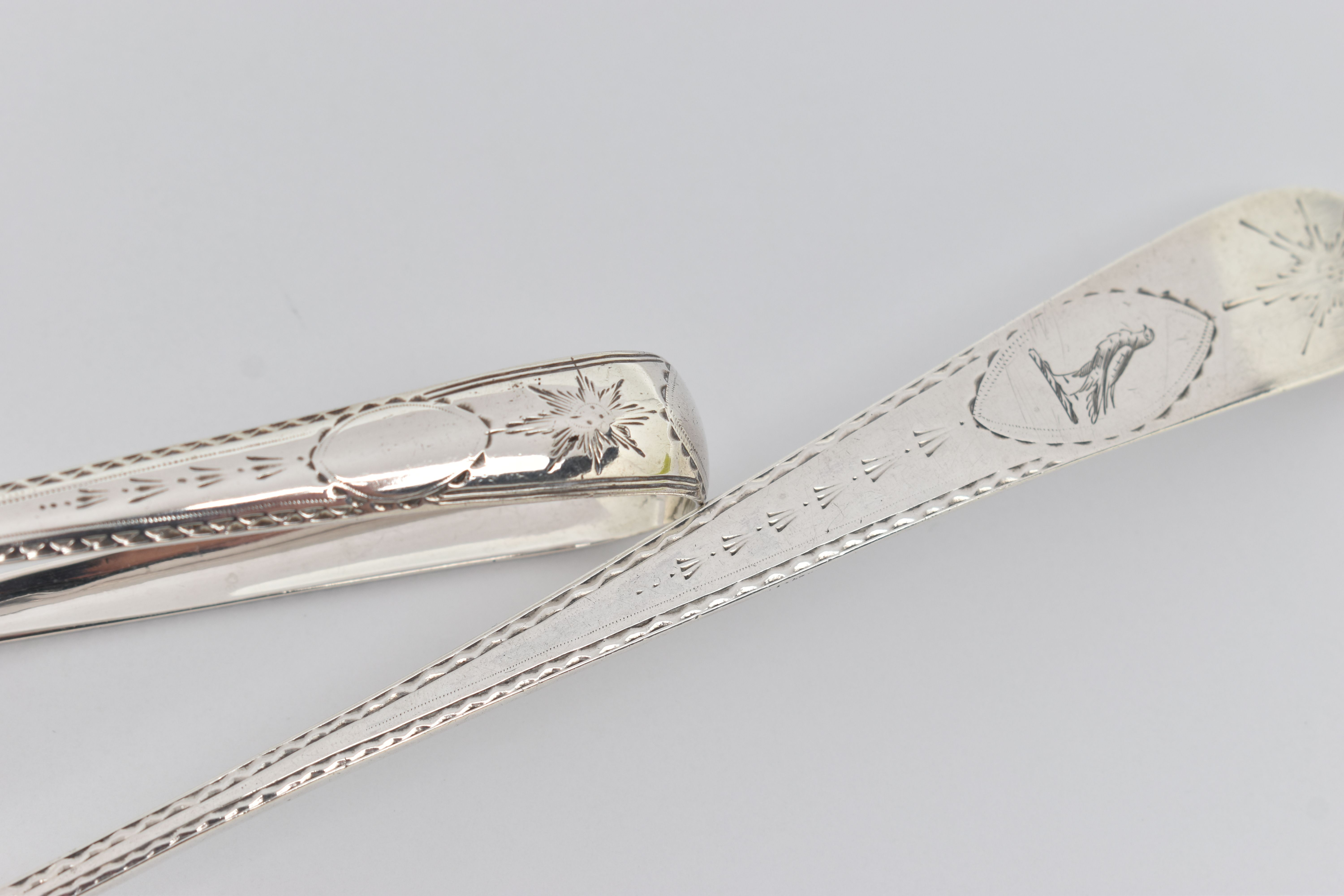 A LATE 18TH CENTURY IRISH SILVER GRAVY STRAINING SPOON AND A PAIR OF SUGAR TONGS WITH MATCHING - Image 3 of 6