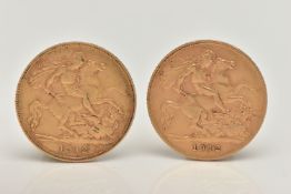 TWO GOLD HALF SOVEREIGN COINS George V 1912, 22ct gold, 19.30mm diameter, approximate gross weight