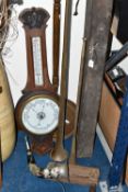 A BAROMETER, COACHING/HUNTING HORNS, A RATTLE AND A WARMING PAN, comprising a horn, brass and