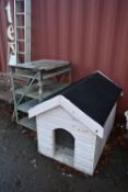 A PAINTED GARDEN DOG KENNEL, with a felt top, width 94cm x depth 133cm, along with a metal