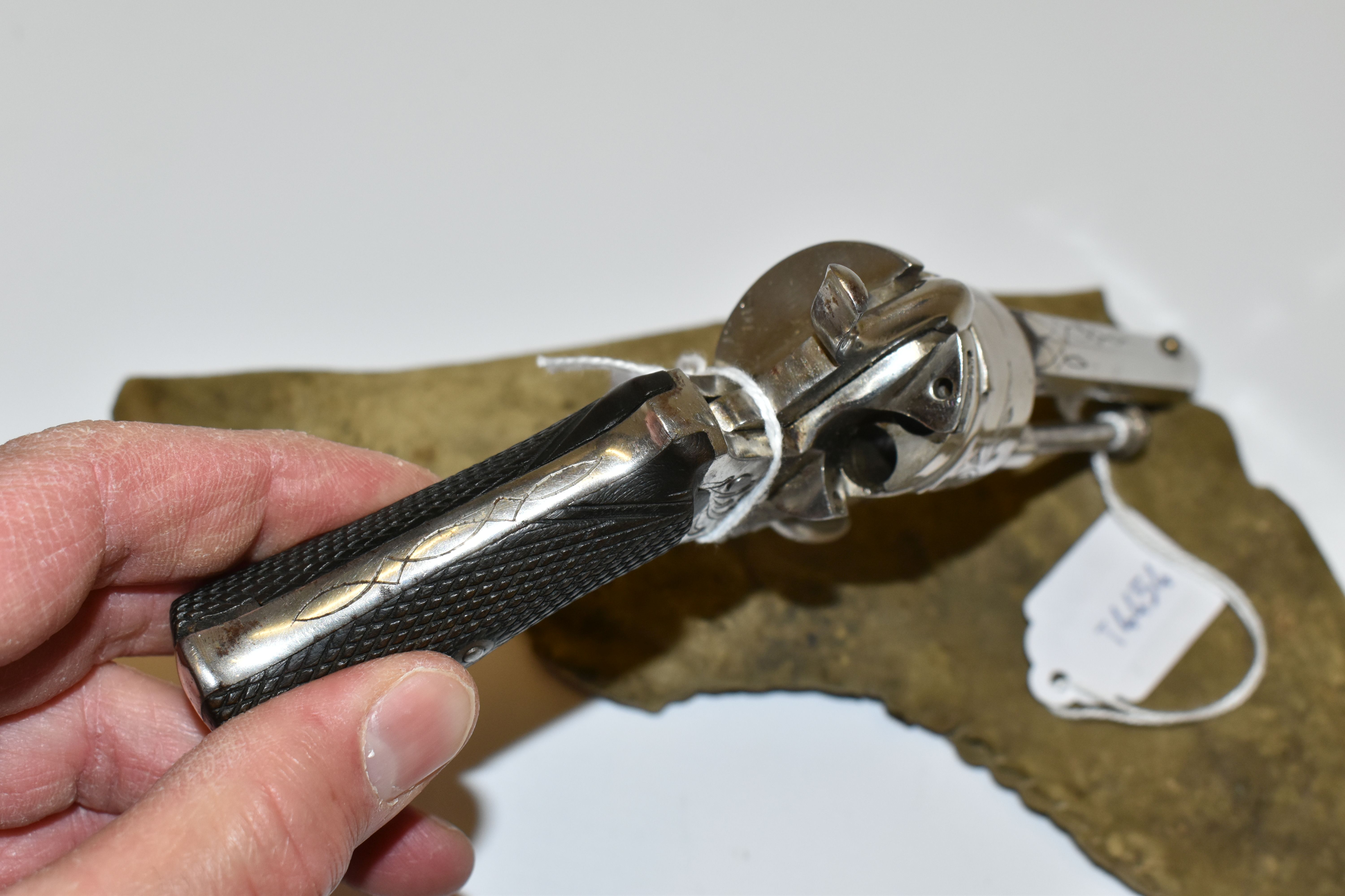 AN ANTIQUE NICKEL PLATED 7MM PINFIRE REVOLVER, bearing Belgian proof marks fitted with a 3 6/8'' - Image 6 of 8