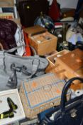 FIVE BOXES OF MISCELLANEOUS SUNDRIES, to include two sewing boxes, vintage buttons, table lamps,