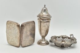 THREE ITEMS OF SILVER, to include a silver cigarette case, engraved foliage pattern with vacant