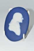 A 19TH CENTURY WEDGWOOD BLUE JASPERWARE OVAL PLAQUE MODELLED IN SIDE PROFILE WITH REV. JOHN