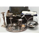 A BOX OF WHITE METAL AND SILVER PLATE WARE, to include a large rectangular tray, an oval tray, a