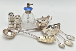 A SELECTION OF ITEMS, to include a mustard with blue glass liner, hallmarked Birmingham, an Old