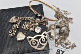 A SMALL ASSORTMENT OF JEWELLERY, to include a selection of silver and white metal bracelets and