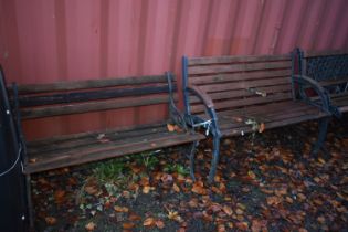 A CAST METAL SLATTED GARDEN BENCH, length 132cm, and another garden bench, length 122cm (condition