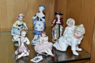 A GROUP OF PORCELAIN FIGURES, comprising a pair of Irish Dresden figures - Romeo and Juliet (