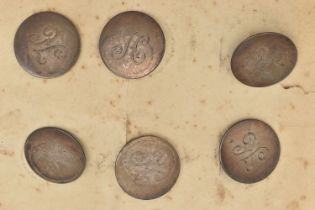 A SET OF SIX GEORGIAN SILVER WAISTCOAT BUTTONS, each of a circular form, engraved initial 'H',