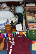 FOUR BOXES OF CERAMICS, BOOKS AND VINTAGE TELEPHONES, to include two H.P Co. 'Jackie' figurines, a