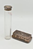 A SILVER TRINKET BOX AND GLASS VILE, embossed floral hinged trinket box, vacant cartouche, gilt