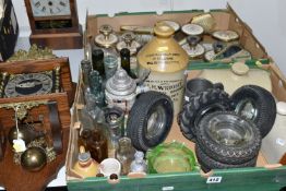 TWO BOXES OF GLASSWARE, CLOCKS AND SUNDRIES, to include six tyre advertising ashtrays, Goodyear